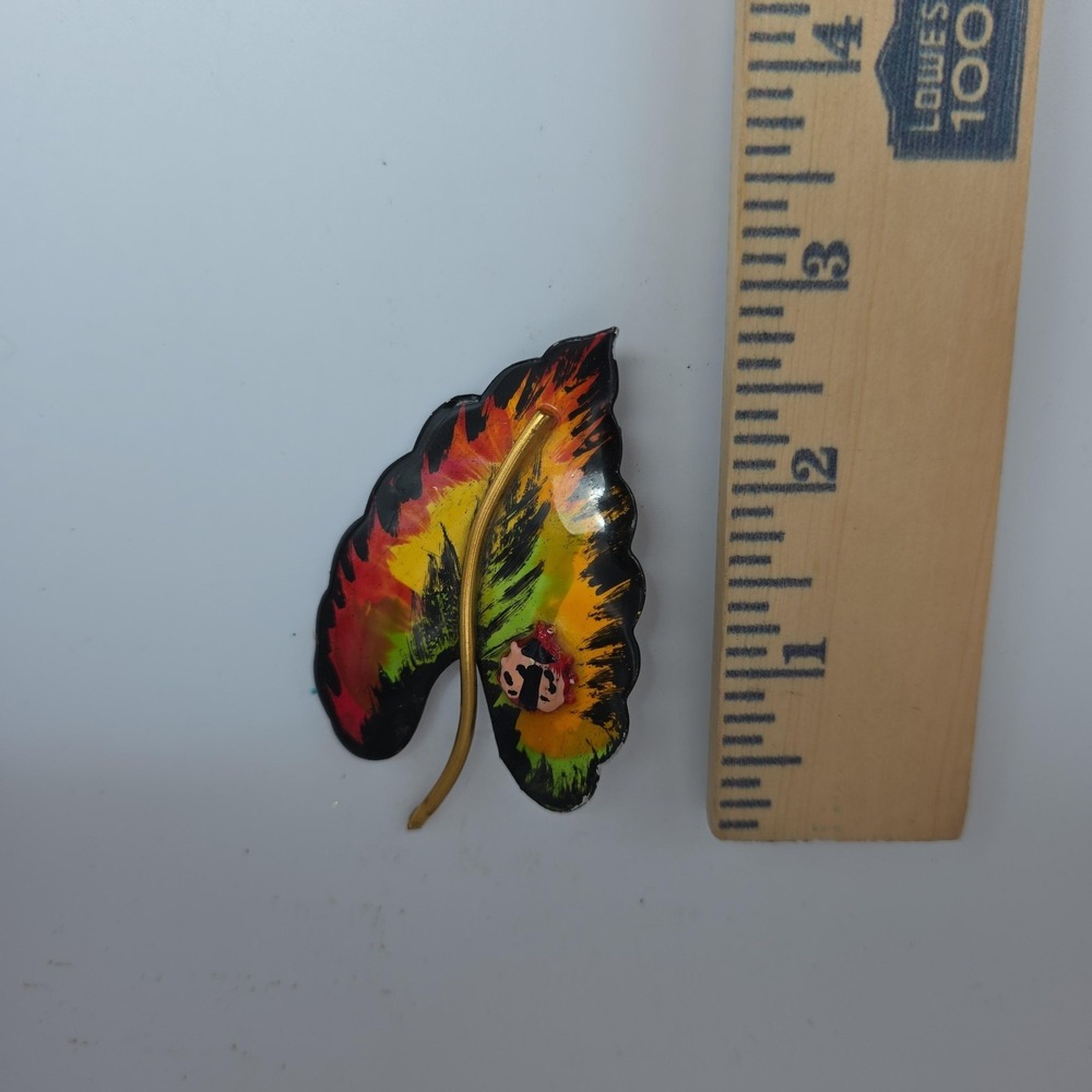 Vtg Enamel Leaf Ladybug Brooch Pin Multicolor Gold Tone Germany